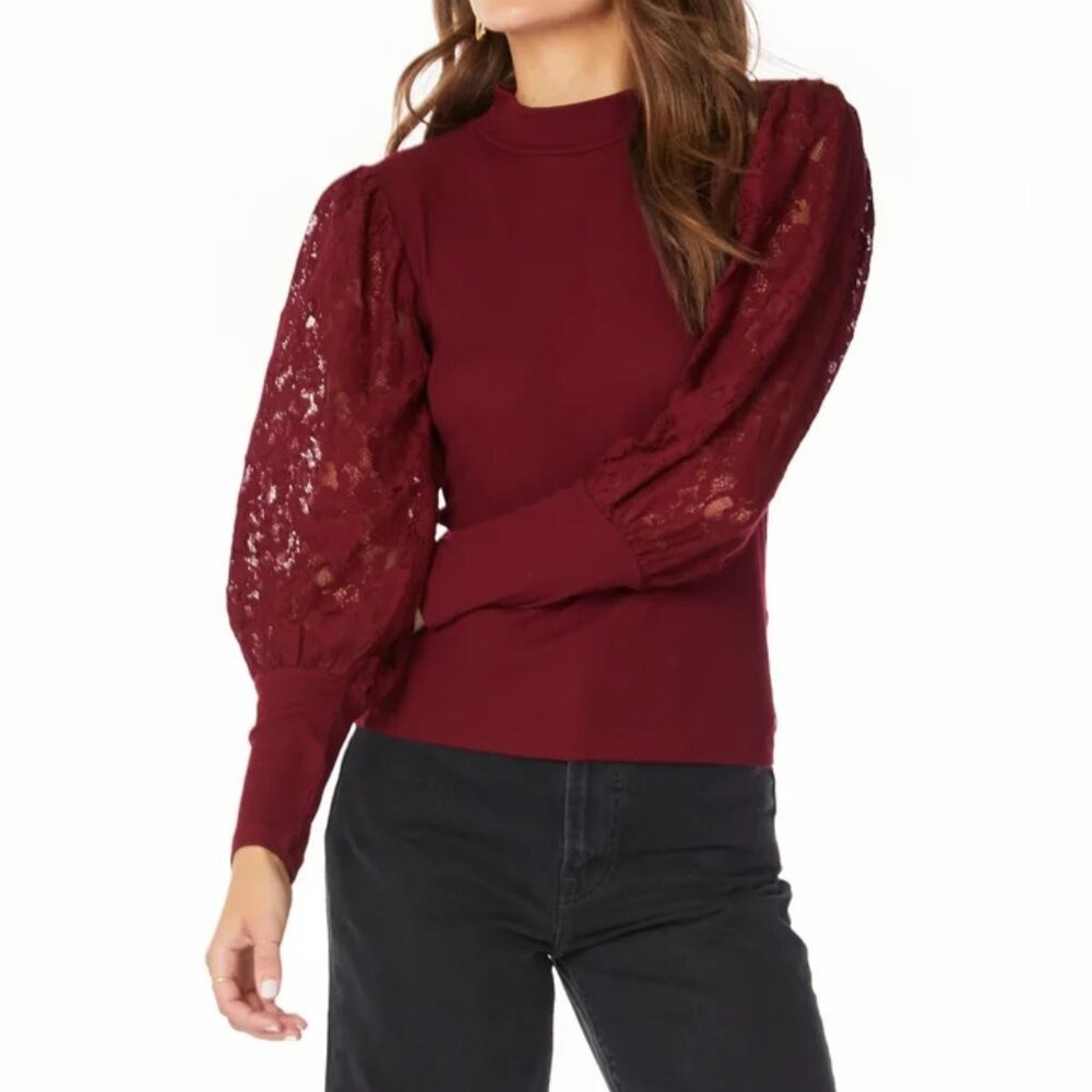 Sioni Milano Burgundy Sweater with Sheer Textured Sleeves – Size S